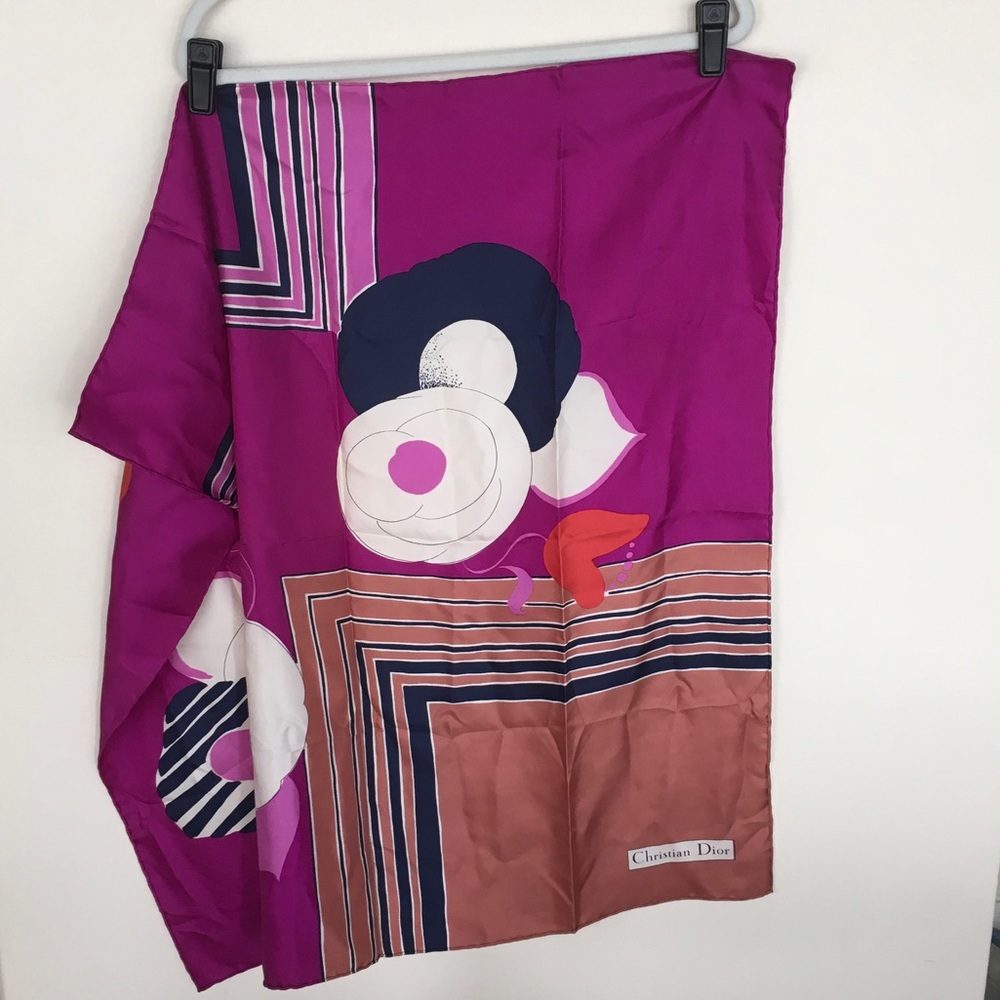 Christian Dior Floral Silk Scarf in Fuchsia and Brown